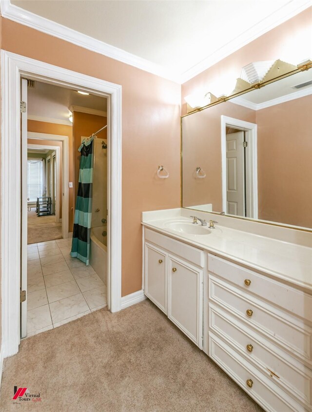 3635 Greenacres Place Dr Unit 350, Bossier City, LA 71111 - bathroom with ornamental molding, vanity, shower / bathtub combination with curtain, carpet, and baseboards