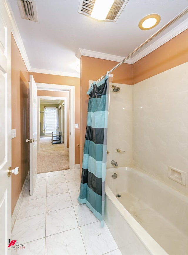 3635 Greenacres Place Dr Unit 350, Bossier City, LA 71111 - bathroom featuring ornamental molding, shower / tub combo with curtain, marble finish flooring, and baseboards