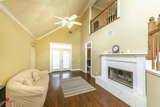 3635 Greenacres Place Dr Unit 350, Bossier City, LA 71111 - living area with french doors, ceiling fan, wood finished floors, crown molding, and high vaulted ceiling
