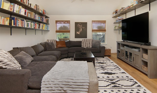 13417 Hickory Creek Dr, Haslet, TX 76052 - living area with plenty of natural light, a ceiling fan, and light wood finished floors