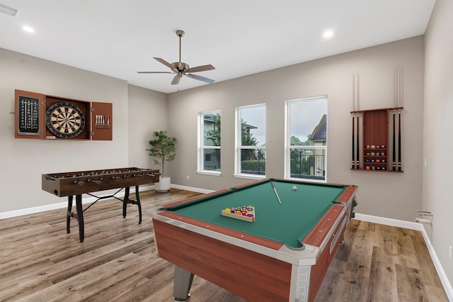 5128 Country Club Dr, Granbury, TX 76049 - playroom featuring ceiling fan, wood finished floors, billiards, baseboards, and recessed lighting