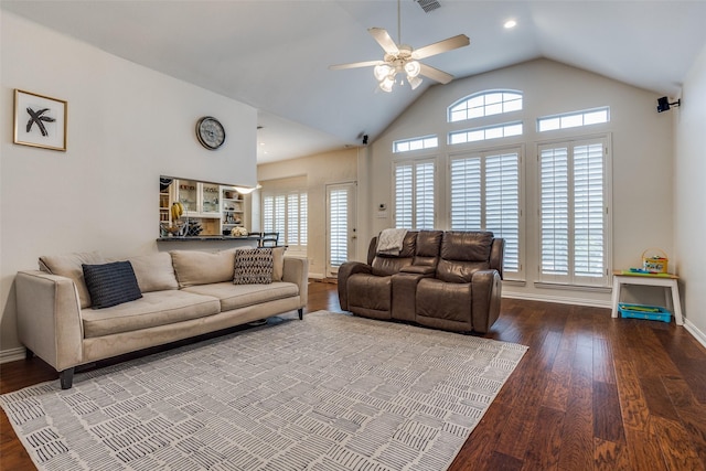 9808 Capilano Dr, Plano, TX 75025 - living area featuring ceiling fan, wood finished floors, lofted ceiling, and baseboards