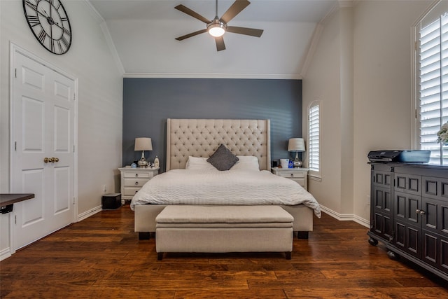 9808 Capilano Dr, Plano, TX 75025 - bedroom featuring vaulted ceiling, dark wood-style floors, crown molding, a ceiling fan, and baseboards