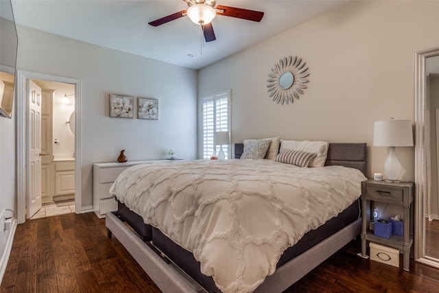 9808 Capilano Dr, Plano, TX 75025 - bedroom featuring dark wood-type flooring, ensuite bathroom, and ceiling fan