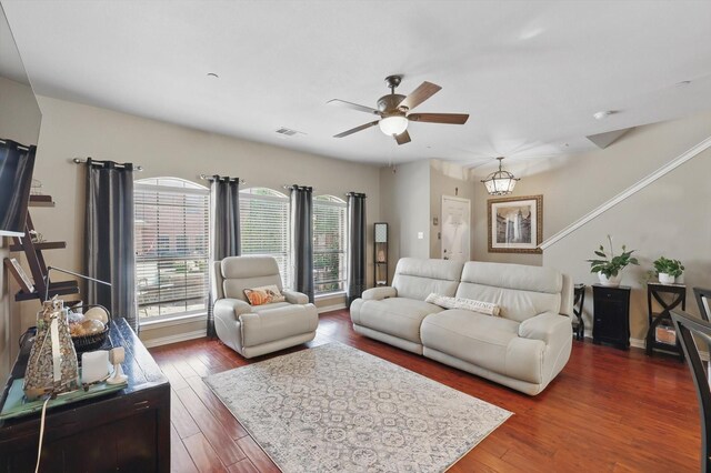 575 S Virginia Hills Dr Unit 3702, Mckinney, TX 75070 - living area featuring ceiling fan, dark wood finished floors, and baseboards