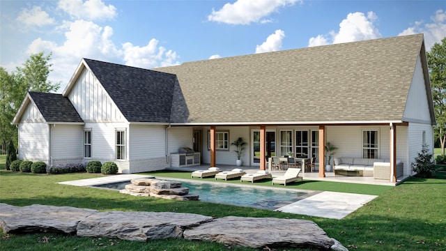 3710 De Cordova Ranch Rd, Granbury, TX 76049 - back of house with an outdoor living space, board and batten siding, a lawn, a shingled roof, and a patio