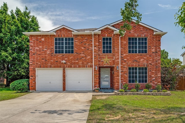 1017 Lake Trail Dr, Little Elm, TX 75068 - traditional home with concrete driveway, a garage, brick siding, and a front lawn