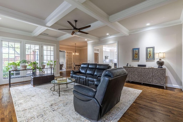 1401 Chesapeake Dr, Plano, TX 75093 - living room with wood finished floors, a chandelier, coffered ceiling, beam ceiling, and ornamental molding