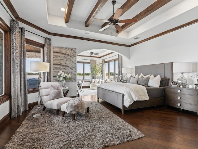 12633 Lakeview Ct, Fort Worth, TX 76179 - bedroom featuring a tray ceiling, dark wood-style floors, beam ceiling, arched walkways, and recessed lighting