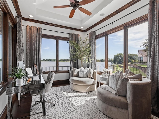 12633 Lakeview Ct, Fort Worth, TX 76179 - home office with plenty of natural light, a tray ceiling, ceiling fan, recessed lighting, and ornamental molding
