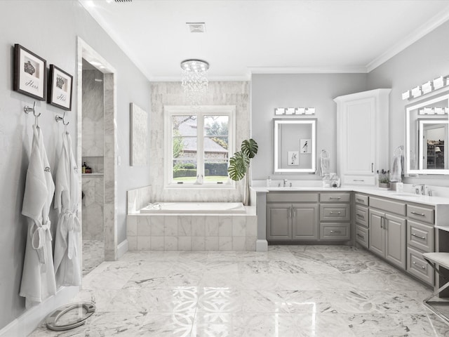12633 Lakeview Ct, Fort Worth, TX 76179 - bathroom with a bath, double vanity, a chandelier, ornamental molding, and tiled shower