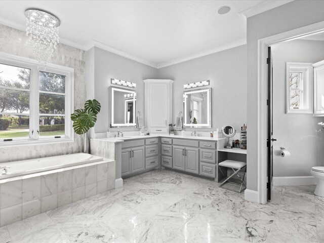 12633 Lakeview Ct, Fort Worth, TX 76179 - bathroom with double vanity, crown molding, a garden tub, toilet, and marble finish flooring