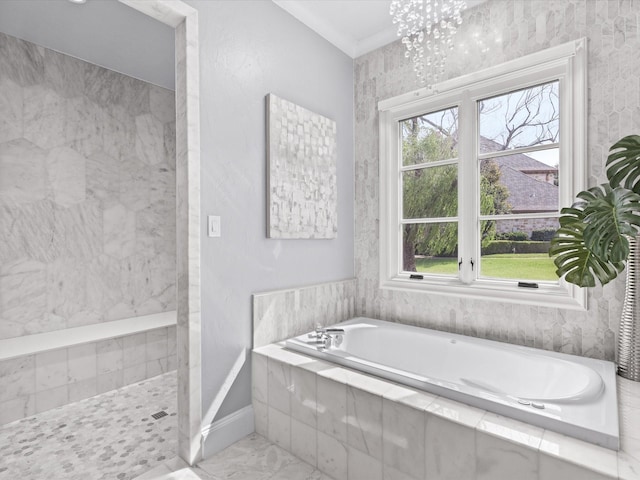 12633 Lakeview Ct, Fort Worth, TX 76179 - full bathroom with a bath, a tile shower, marble finish flooring, baseboards, and ornamental molding