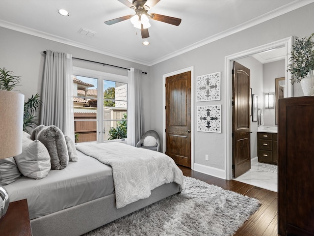 12633 Lakeview Ct, Fort Worth, TX 76179 - bedroom with dark wood finished floors, crown molding, baseboards, recessed lighting, and connected bathroom