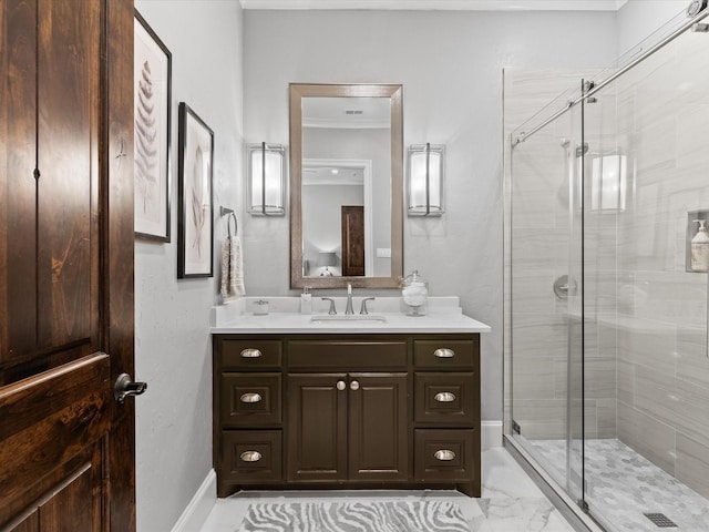 12633 Lakeview Ct, Fort Worth, TX 76179 - full bath featuring a shower stall, vanity, marble look tile flooring, and ornamental molding