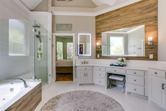 1360 Bent Trail Cir, Southlake, TX 76092 - full bathroom featuring a stall shower, a tub with jets, tile patterned flooring, vanity, and lofted ceiling