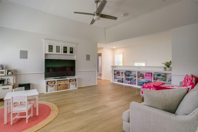 1360 Bent Trail Cir, Southlake, TX 76092 - living area with ceiling fan, wood finished floors, and a wainscoted wall