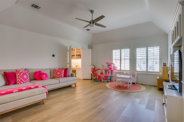 1360 Bent Trail Cir, Southlake, TX 76092 - game room with lofted ceiling, a ceiling fan, and light wood-type flooring