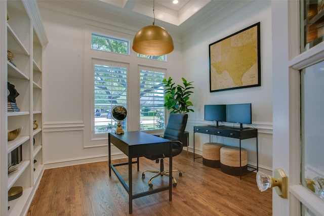 1360 Bent Trail Cir, Southlake, TX 76092 - office with ornamental molding, wood finished floors, and coffered ceiling