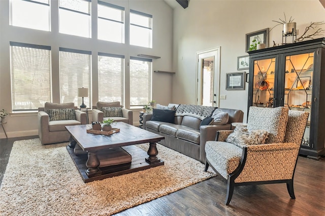 8051 Harliquin Ct, Frisco, TX 75035 - living area featuring dark wood-style floors, a towering ceiling, plenty of natural light, and baseboards