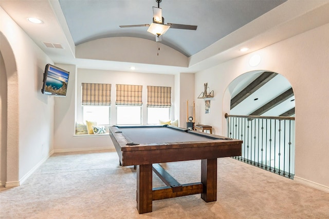 8051 Harliquin Ct, Frisco, TX 75035 - playroom featuring carpet flooring, lofted ceiling, a ceiling fan, baseboards, and billiards table