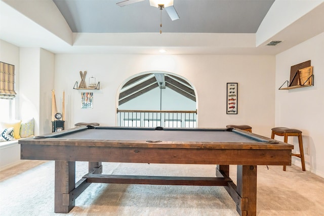 8051 Harliquin Ct, Frisco, TX 75035 - recreation room featuring pool table, a ceiling fan, carpet flooring, lofted ceiling, and baseboards
