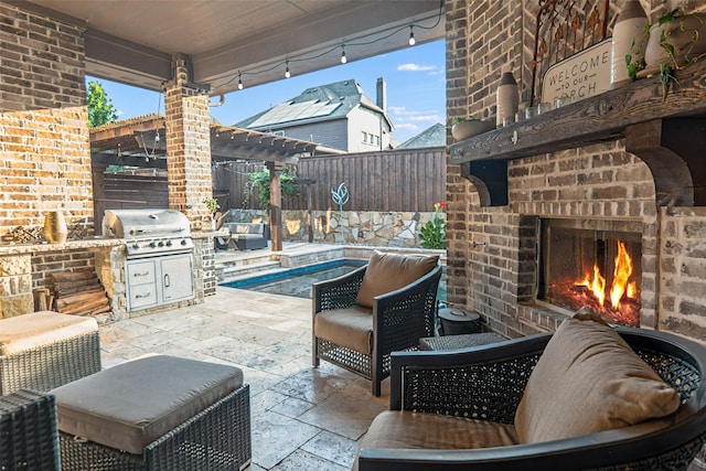 8051 Harliquin Ct, Frisco, TX 75035 - fenced backyard with an outdoor brick fireplace, a patio, and a pergola