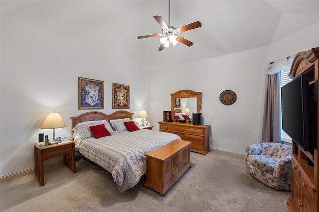 2109 County Road 4522, Justin, TX 76247 - bedroom with light colored carpet, baseboards, ceiling fan, and high vaulted ceiling