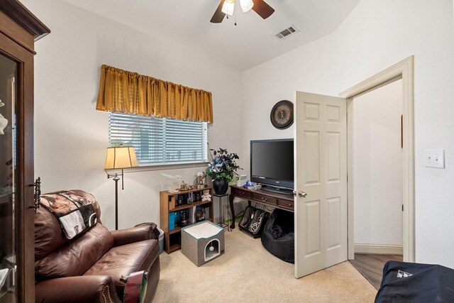 2109 County Road 4522, Justin, TX 76247 - carpeted home office with a ceiling fan and lofted ceiling