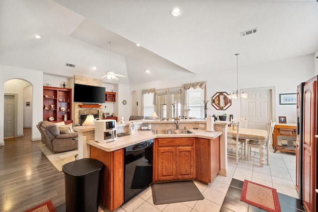 2109 County Road 4522, Justin, TX 76247 - kitchen with dishwasher, a sink, vaulted ceiling, ceiling fan, and open floor plan
