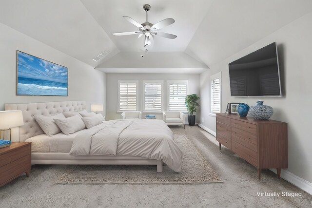 1801 Emerald Vista Blvd, Wylie, TX 75098 - bedroom featuring carpet flooring, vaulted ceiling, baseboards, and ceiling fan