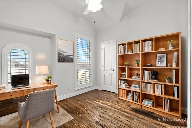 1801 Emerald Vista Blvd, Wylie, TX 75098 - office area with dark wood-style flooring, a ceiling fan, lofted ceiling, and baseboards