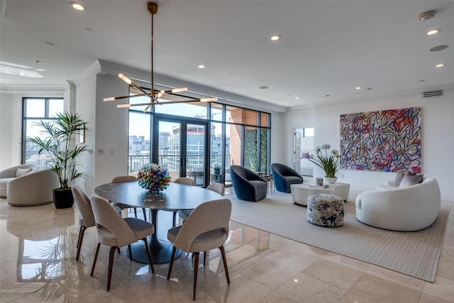 2828 Hood St Unit 1303, Dallas, TX 75219 - dining room featuring crown molding, recessed lighting, and a chandelier