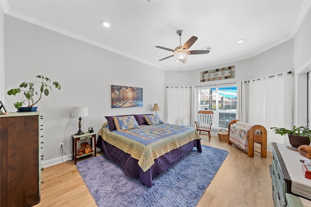 386 Frederick Dr, Robinson, TX 76706 - bedroom featuring light wood-type flooring, recessed lighting, crown molding, baseboards, and a ceiling fan