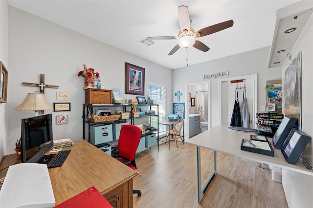 386 Frederick Dr, Robinson, TX 76706 - home office featuring a ceiling fan and wood finished floors