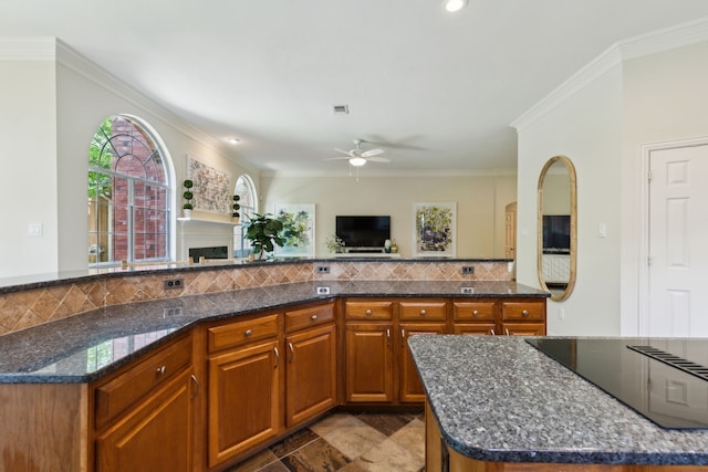 6305 Glenhollow Dr, Plano, TX 75093 - kitchen with black electric cooktop, ceiling fan, tasteful backsplash, open floor plan, and a kitchen island