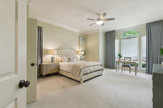 6305 Glenhollow Dr, Plano, TX 75093 - bedroom with light carpet, crown molding, and a ceiling fan
