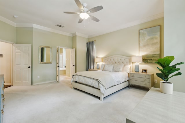 6305 Glenhollow Dr, Plano, TX 75093 - bedroom featuring ornamental molding, carpet, baseboards, connected bathroom, and a ceiling fan
