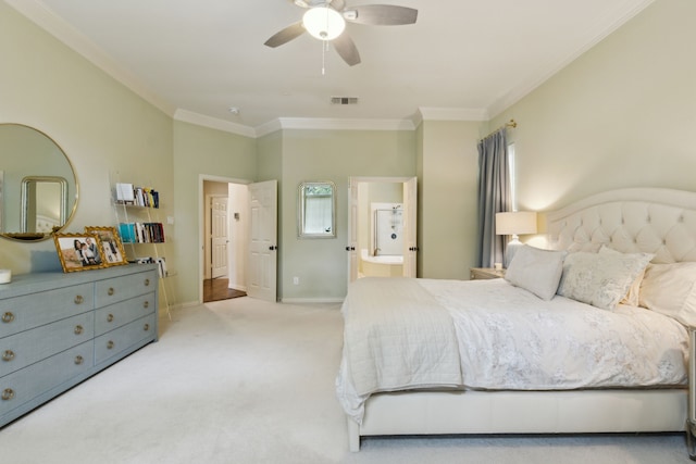 6305 Glenhollow Dr, Plano, TX 75093 - carpeted bedroom with crown molding, baseboards, ensuite bath, and ceiling fan