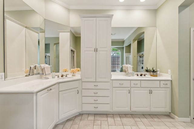 6305 Glenhollow Dr, Plano, TX 75093 - full bathroom featuring crown molding, vanity, and recessed lighting