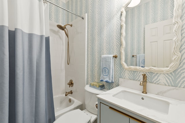 6305 Glenhollow Dr, Plano, TX 75093 - full bathroom with wallpapered walls, shower / bath combination with curtain, toilet, and vanity