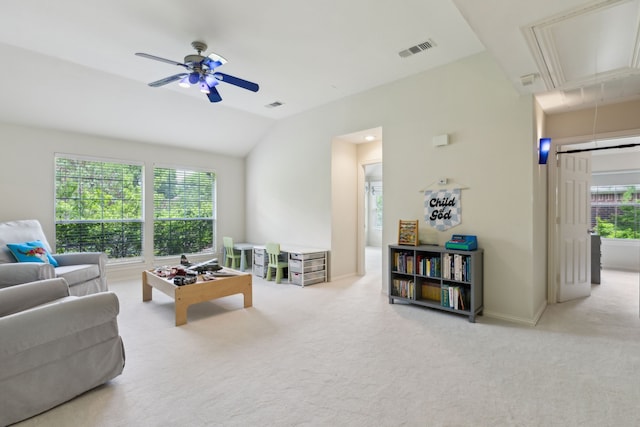 6305 Glenhollow Dr, Plano, TX 75093 - living room featuring attic access, a ceiling fan, carpet, and vaulted ceiling