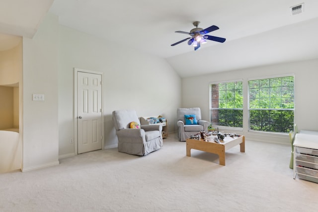 6305 Glenhollow Dr, Plano, TX 75093 - carpeted living room with a ceiling fan, vaulted ceiling, and baseboards