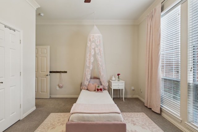 6305 Glenhollow Dr, Plano, TX 75093 - bedroom featuring carpet flooring, baseboards, crown molding, and a ceiling fan
