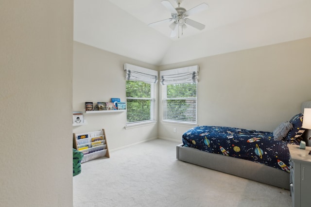 6305 Glenhollow Dr, Plano, TX 75093 - bedroom with carpet flooring, baseboards, lofted ceiling, and ceiling fan