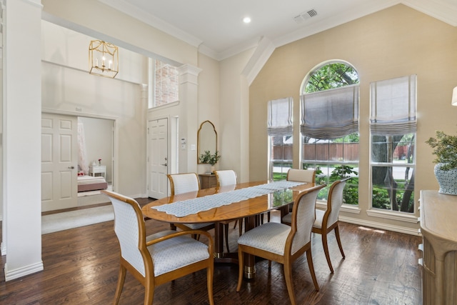 6305 Glenhollow Dr, Plano, TX 75093 - dining space featuring ornamental molding, dark wood-style floors, recessed lighting, and a chandelier