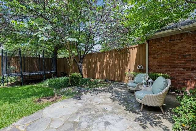 6305 Glenhollow Dr, Plano, TX 75093 - fenced backyard featuring a trampoline and a patio