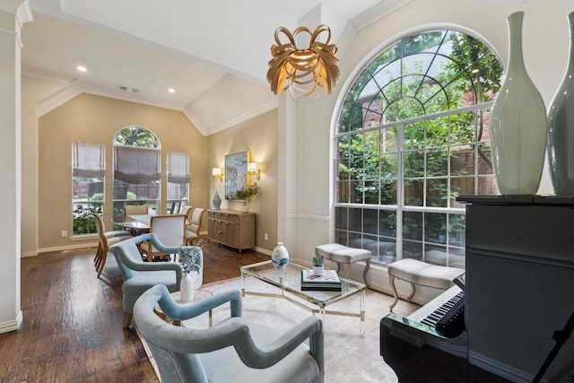 6305 Glenhollow Dr, Plano, TX 75093 - living room with plenty of natural light, baseboards, vaulted ceiling, wood finished floors, and ornamental molding