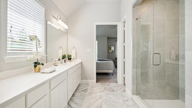 15270 Catalpa Rd, Frisco, TX 75035 - full bathroom with vanity, connected bathroom, a shower stall, marble finish floors, and lofted ceiling