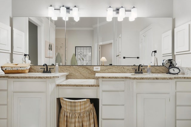 3833 Montecito Dr, Denton, TX 76205 - full bathroom with a shower, ornamental molding, and vanity